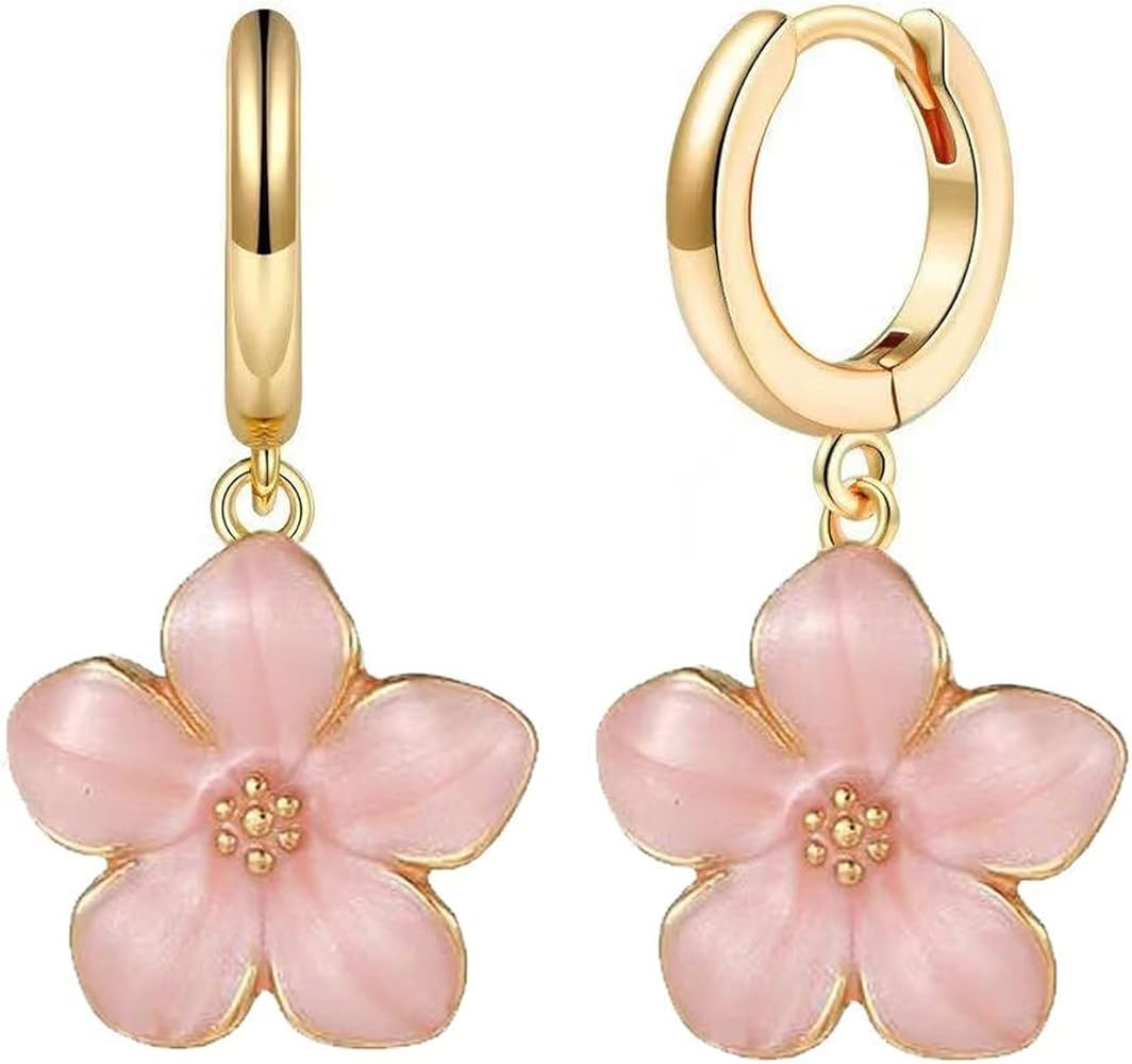 Lindos aretes de aro de flor de Sakura para mujer, aretes colgantes de gota de flor de cerezo esm... | Amazon (US)