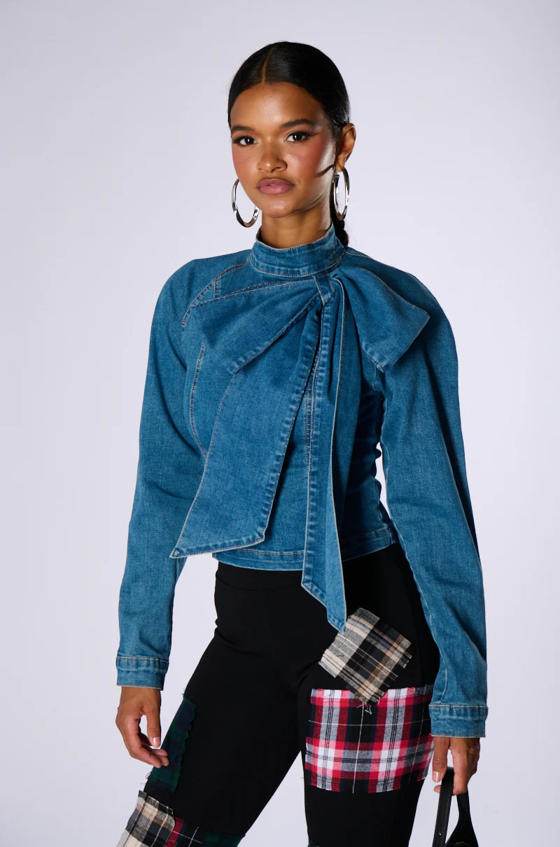 BELIEVE IN MY OWN BOW DETAIL MEDIUM BLUE DENIM TOP | AKIRA