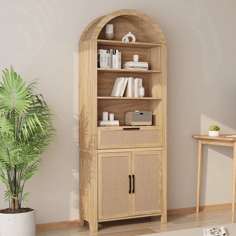 LEFHDA 78" Tall Bookshelf, Arched Bookcase with Drawers, Boho 6-Tier Bookshelf with Storage, Ratt... | Walmart (US)