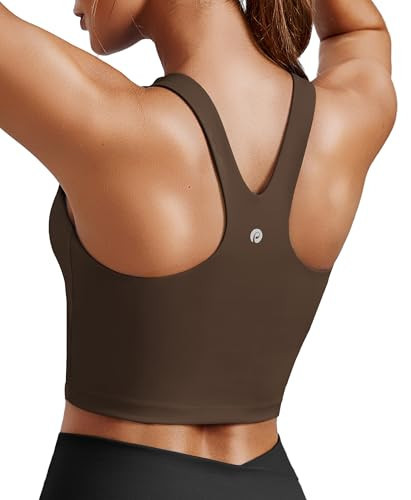 PINSPARK Sports Bras for Women Removable Padded Yoga Tank Tops Sleeveless Fitness Workout Crop Tops High Neck Gym Bra, Espresso Brown Medium | Amazon (US)