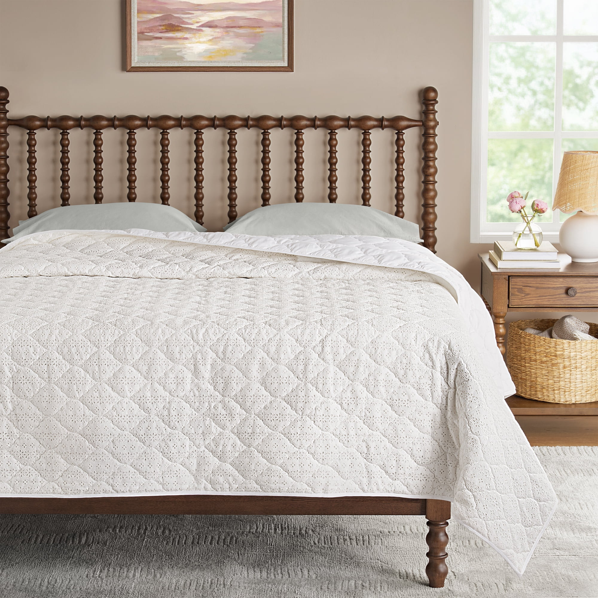 The Pioneer Woman Claire Lace Eyelet Quilt, Full/Queen, Bleached Linen | Walmart (US)