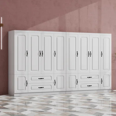 4-Door Wardrobe Armoire Storage Cabinet With Shelves, 100% Soild Wood Wardrobe Closet With 2 Drawers and 2 Hanging Rods, White Finish | Wayfair North America