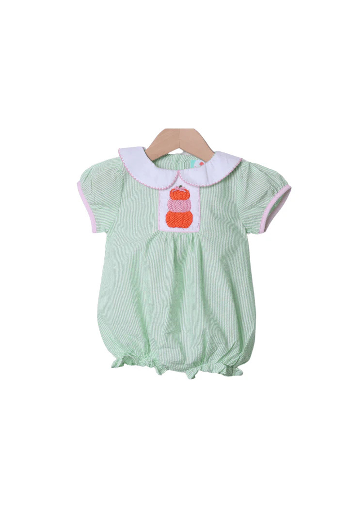 Smocked Green Seersucker Pumpkin Bow Bubble | The Smocked Flamingo