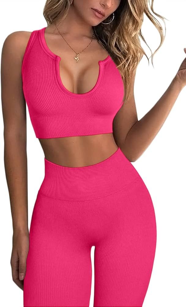 QINSEN Workout Outfits for Women 2 Piece Ribbed Seamless Crop Tank High Waist Yoga Leggings Sets | Amazon (US)