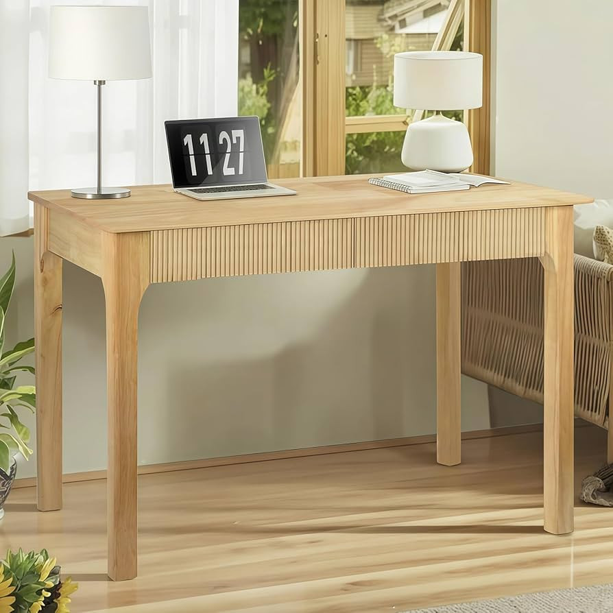 39.4'' Solid Wood Desk with 2 Drawers, Small Mid Century Modern Home Writing Office Wooden Desk ,... | Amazon (US)