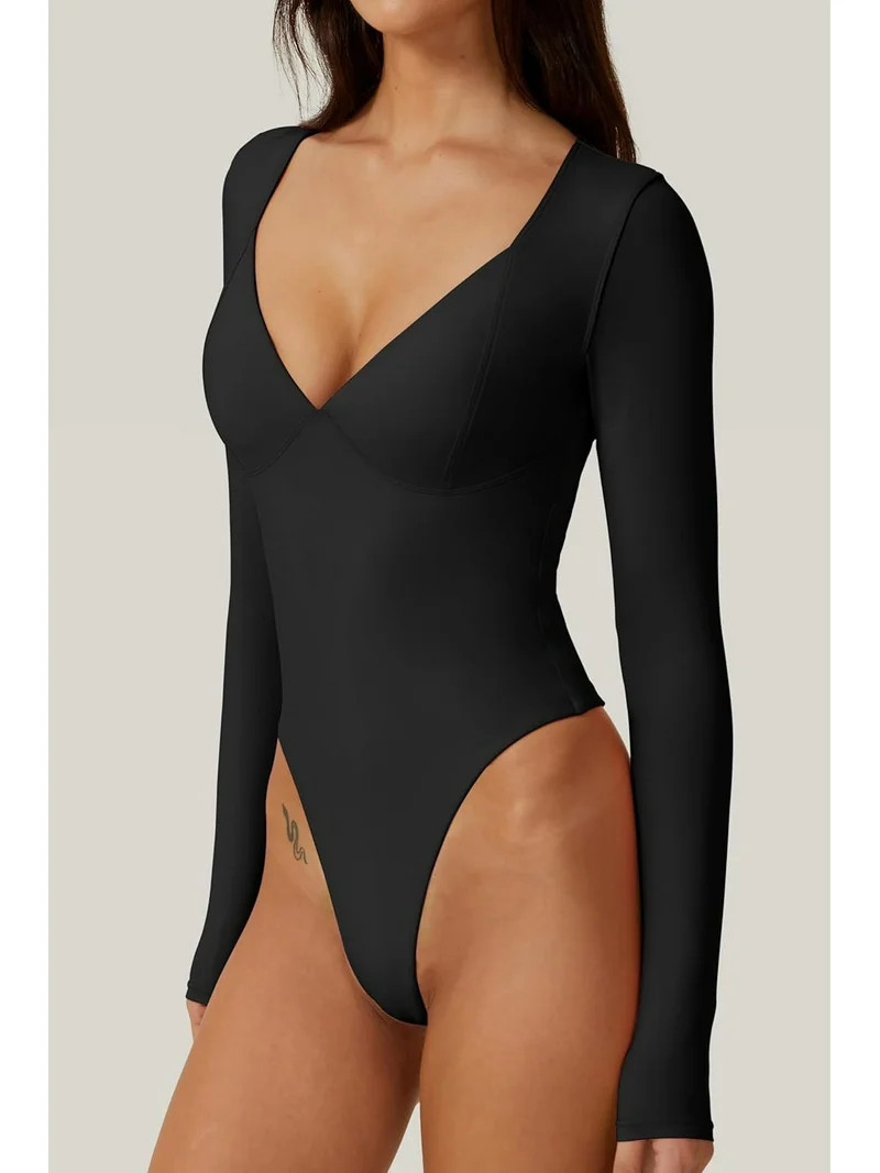 SMZ Women's Long Sleeve Bodysuit V Neck Body Suits Seamed Cup Going Out Tops Shirt | Walmart (US)