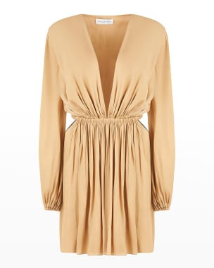 Halston Ruched Deep V-Neck Mini Dress | Neiman Marcus