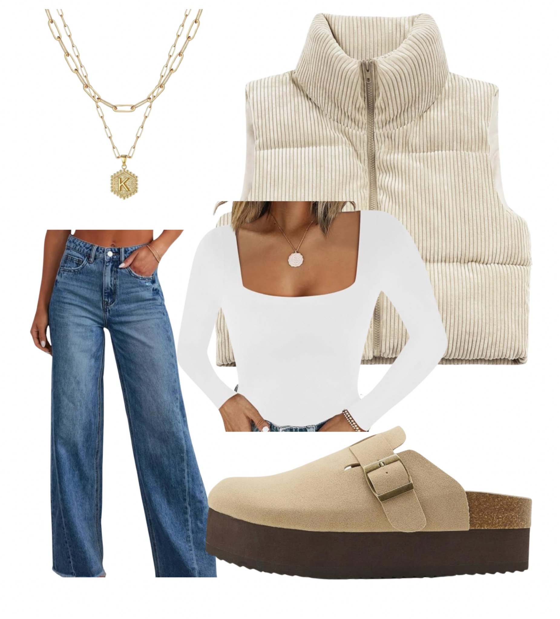 Casual fall outfit, vest, bodysuit, sahm outfit, wide leg jeans, mules, fall shoe, gold necklace trendy outfit, bodysuit, affordable fashion, Amazon fashion 

#LTKMidsize #LTKStyleTip #LTKFindsUnder50