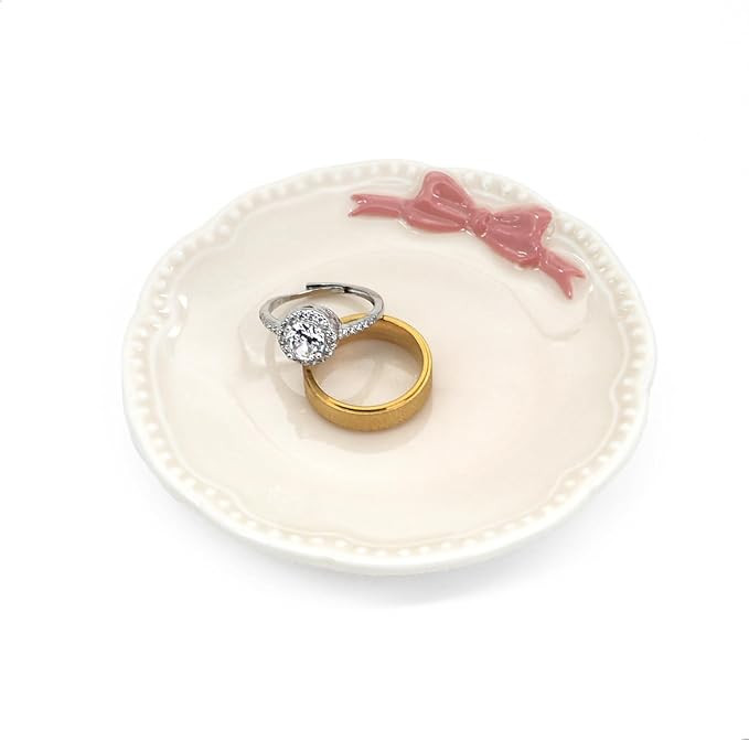 Ceramic Ring Holder Dish, White with Pink Bow, Small Jewelry Tray for Vanity | Amazon (US)