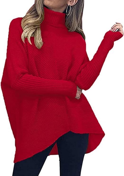Poetsky Women's Long Sleeve Pullover Sweater Solid Color Turtleneck Asymmetric Hem Knit Sweater (... | Amazon (US)