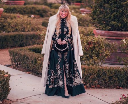 Stunning Karen Millen Coat and Dress - the perfect holiday outfit! So elegant 🖤 faux fur coat black floral dress. 

#LTKHoliday #LTKstyletip #LTKSeasonal