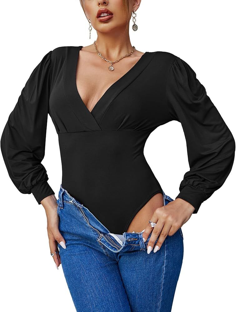 Zeagoo Women Sexy Bodysuits Long Sleeve V Neck Jumpsuits Tops Leotard Shirts | Amazon (US)
