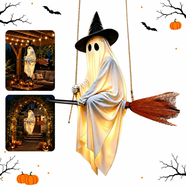Halloween Decorations Outdoor, 4.6 Ft Light-Up Flying Ghost on Broomstick with Remote Control, Ha... | Walmart (US)