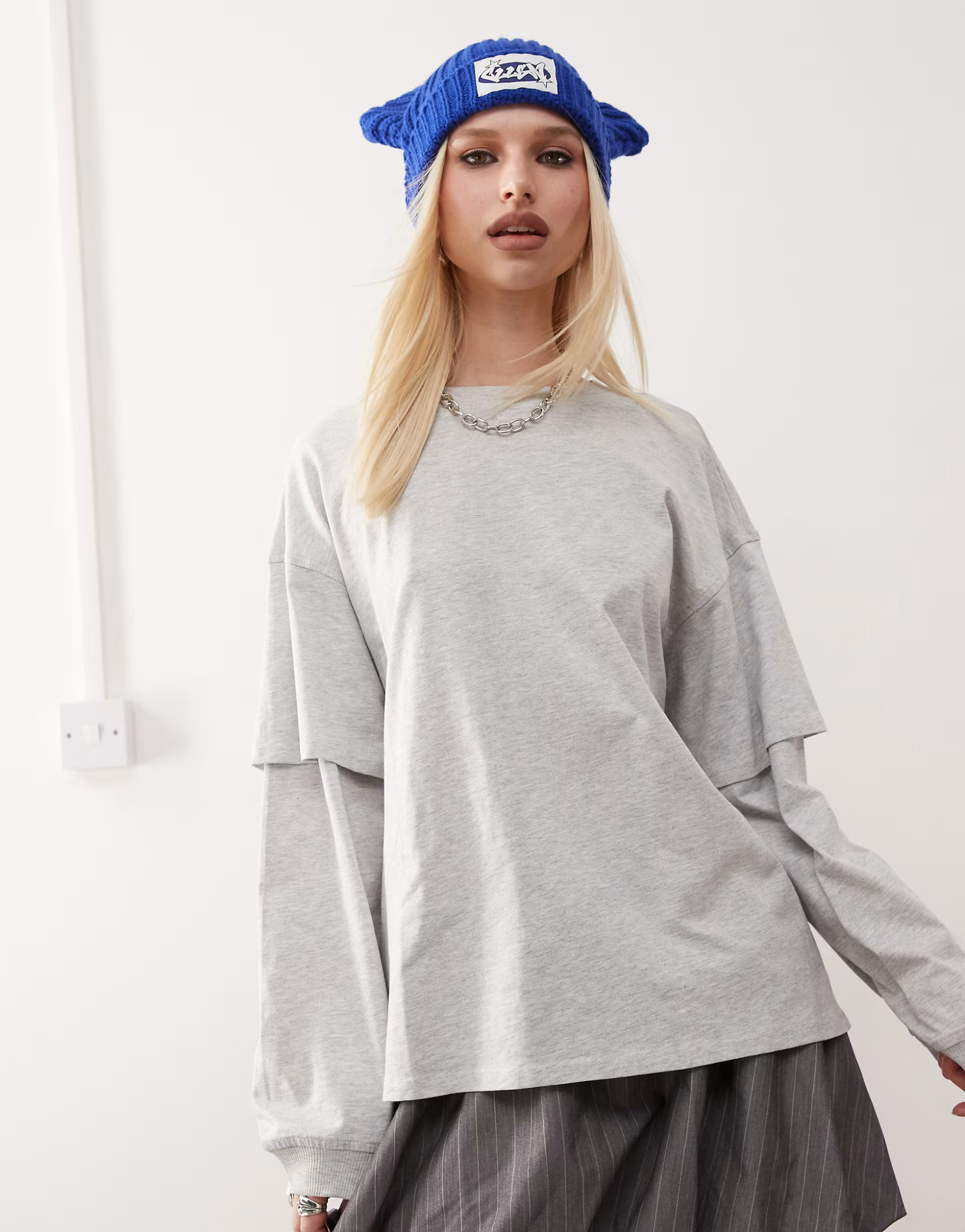 Monki oversized layered effect long sleeve top in gray melange | ASOS (Global)