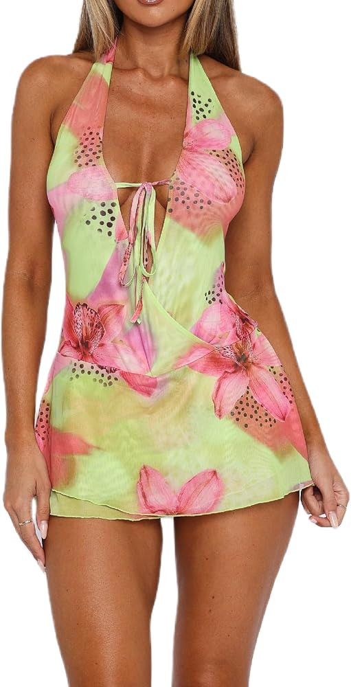 Women Halter Low Neck Mini Dress Sexy Cutout Sleeveless Boho Short Dresses Open Back Night Party ... | Amazon (US)