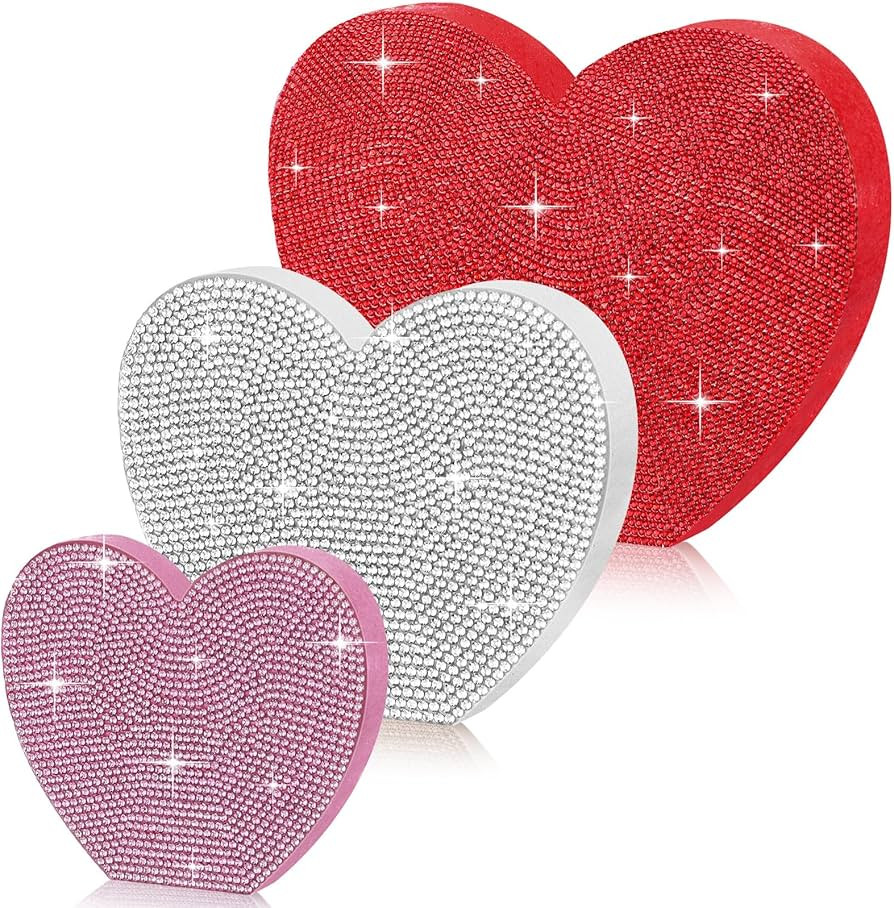 Queekay Set of 3 Rhinestone Valentine's Day Heart Wooden Sign Glitter Heart Shape Decorations Val... | Amazon (US)