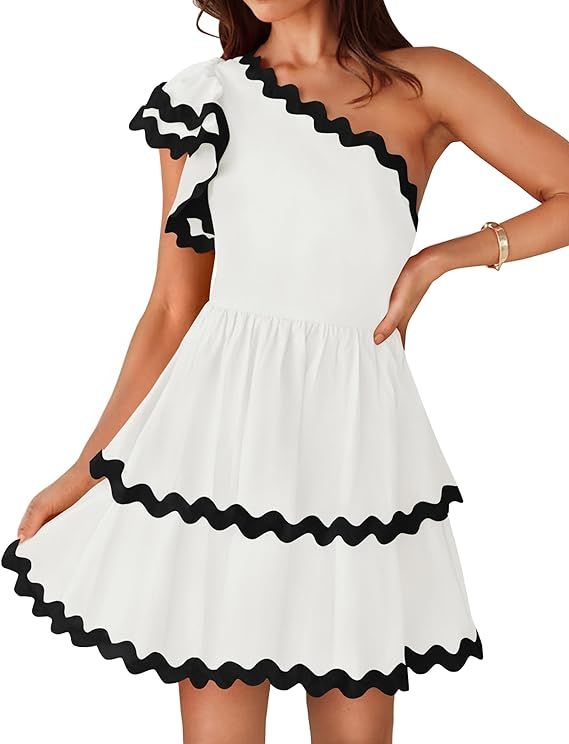 ZESICA Women's 2024 Summer One Shoulder Dresses Ruffle Short Sleeve Tiered Layered Swing A Line M... | Amazon (US)