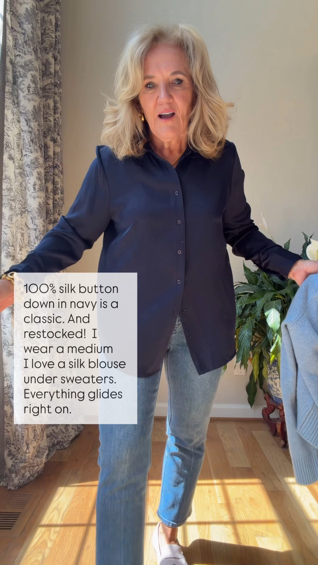 This is a beautiful oversized cashmere sweater. It’s probably the heaviest cashmere that Quince has and yet still not bulky really beautiful quality and a great value. I’m wearing a medium. I’m also linking another cashmere sweater that is available in the denim blue. It is a little bit boxier and not quite as heavy. Still a really good option and I have a couple of colors in this one too. 
The navy silk blouse is something that sells out each season. I would definitely go ahead and get this because it’s such a classic. Wear it for layering on its own wear it casual wear dressed up. I’m wearing a medium.
The slim straight Luna Jean is a mid rise and this is a pretty slim silhouette. I’m wearing the 29 Short.
Don’t miss these suede loafers. I have them in two colors now. If you wanna wear them with socks, you can get your regular size but if you’re going to wear them without socks, you could probably size down.

#LTKOver40 #LTKootd #LTKPetite