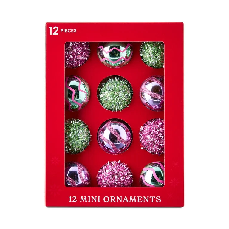 Pink and Green Mini Ball Christmas Ornaments, 12 Count, by Holiday Time | Walmart (US)