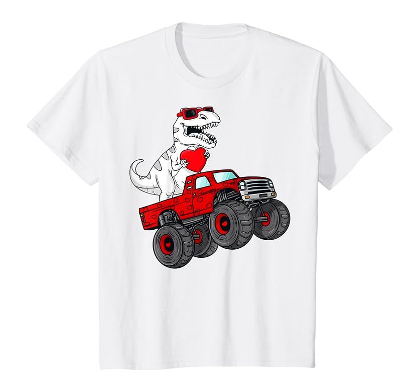 Kids Valentines Day T Rex Riding Monster Truck Funny Toddler Boys T-Shirt | Amazon (US)