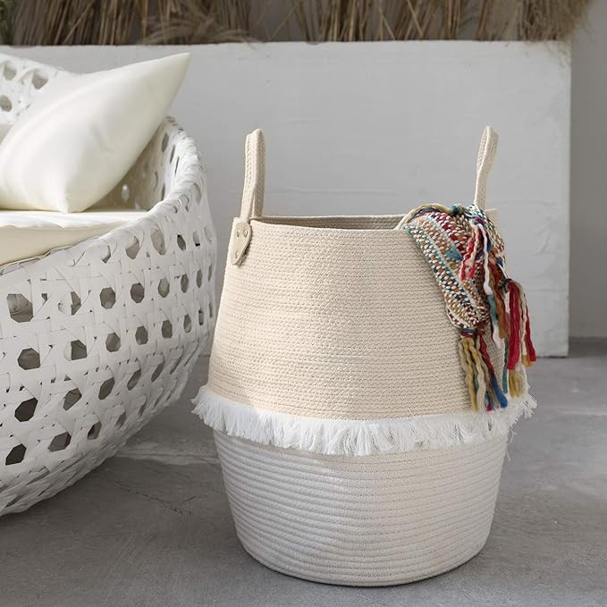 Rope Basket Woven Storage Basket - Laundry Basket Large 16 x 15 x 12 Inches Cotton Blanket Organi... | Amazon (US)