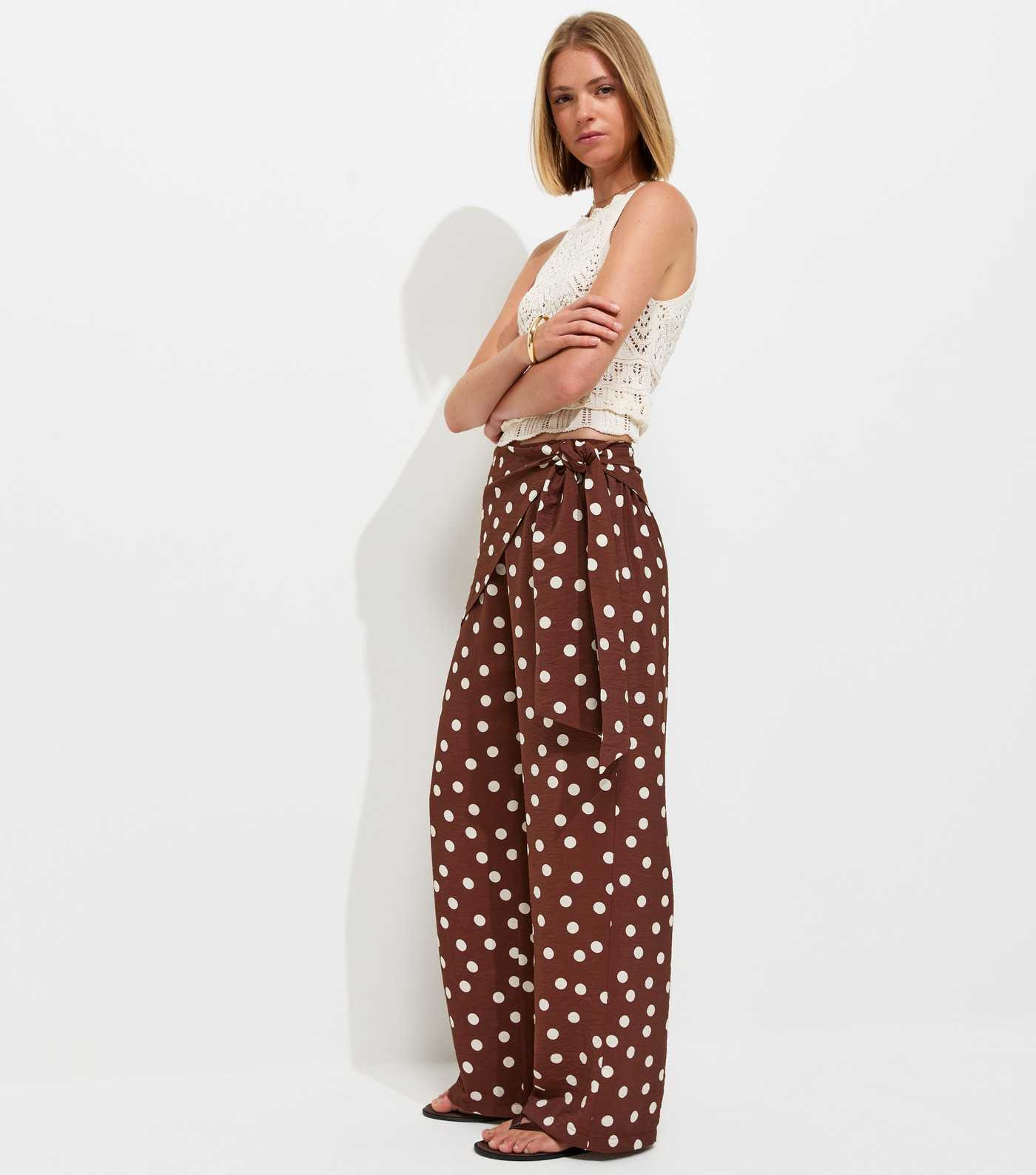 Brown Polka Dot Tie Waist Wide Leg Trousers | New Look | New Look (UK)