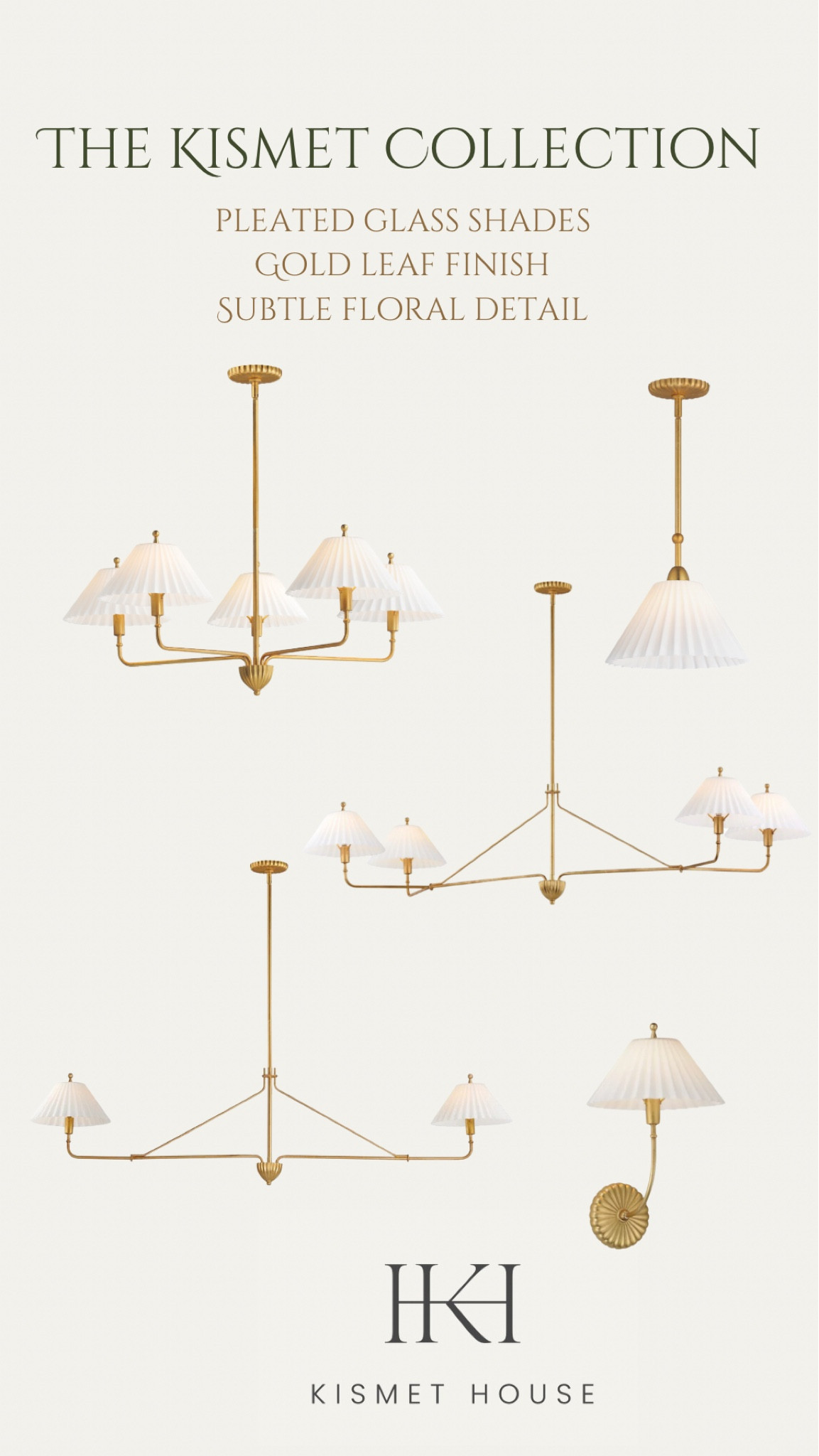 The Kismet Collection is one of two lighting lines we designed with Maxim Lighting. This line marries feminine florals with more angular lines. The gold leaf details paired with a milk glass pleated shade, make this line a welcome addition to so many homes and styles. #lighting #kismethouse

#LTKHome