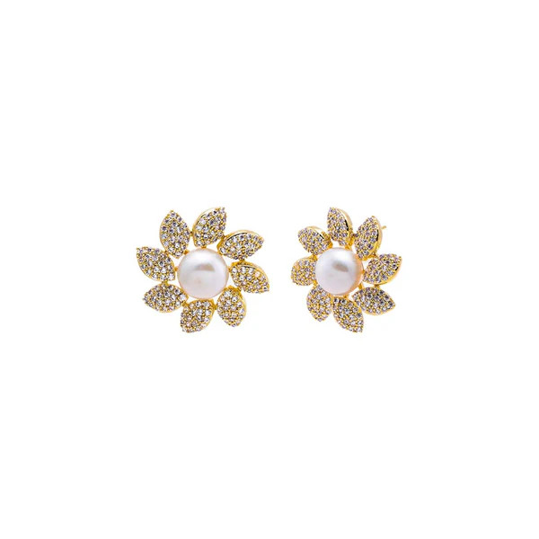 Gold Floral Pearl Stud Earring | Adina Eden