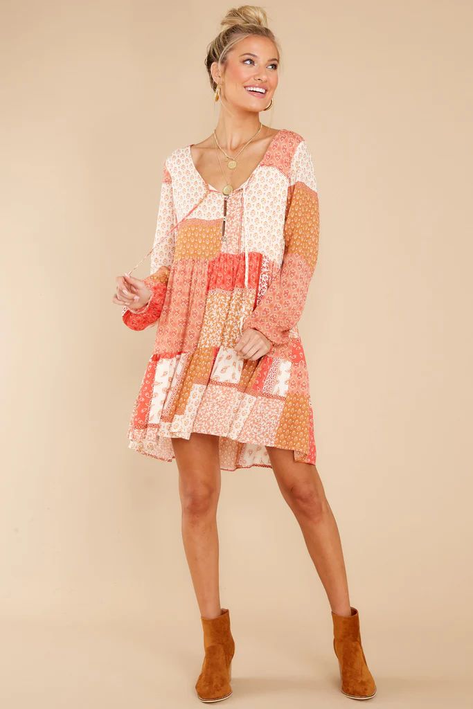 Quilted Promises Coral Multi Print Dress | Red Dress 