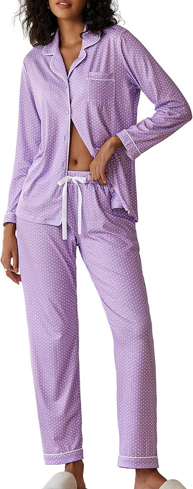 Ekouaer Pajamas Women's Long Sleeve Sleepwear Soft Button Down Loungewear Pjs Lounge Set Nightwea... | Amazon (US)