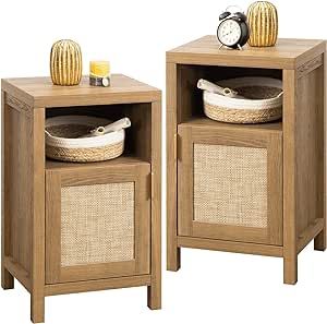 SICOTAS Tall Nightstand Set of 2 - Rattan Night Stand Farmhouse Bedside Table for Bedroom Storage... | Amazon (US)