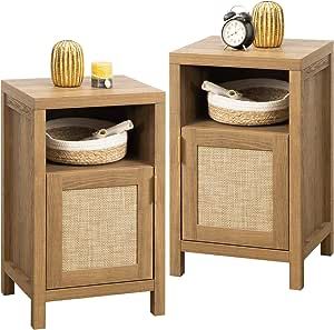SICOTAS Tall Nightstand Set of 2 - Rattan Night Stand Farmhouse Bedside Table for Bedroom Storage... | Amazon (US)