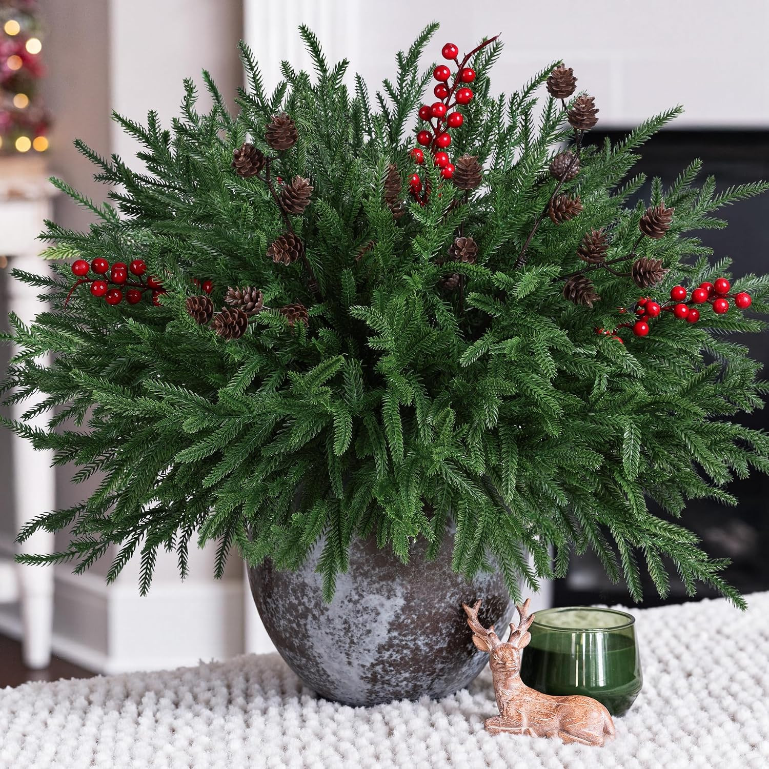 17 PCS Christmas Norfolk Pine Stems with Small Pinecones and Red Berries Branches,19 Inch Real Touch Artificial DIY Greenery Pine Needles, Faux Cedar Pines Picks for Wreath Garland Xmas Décor | Amazon (US)