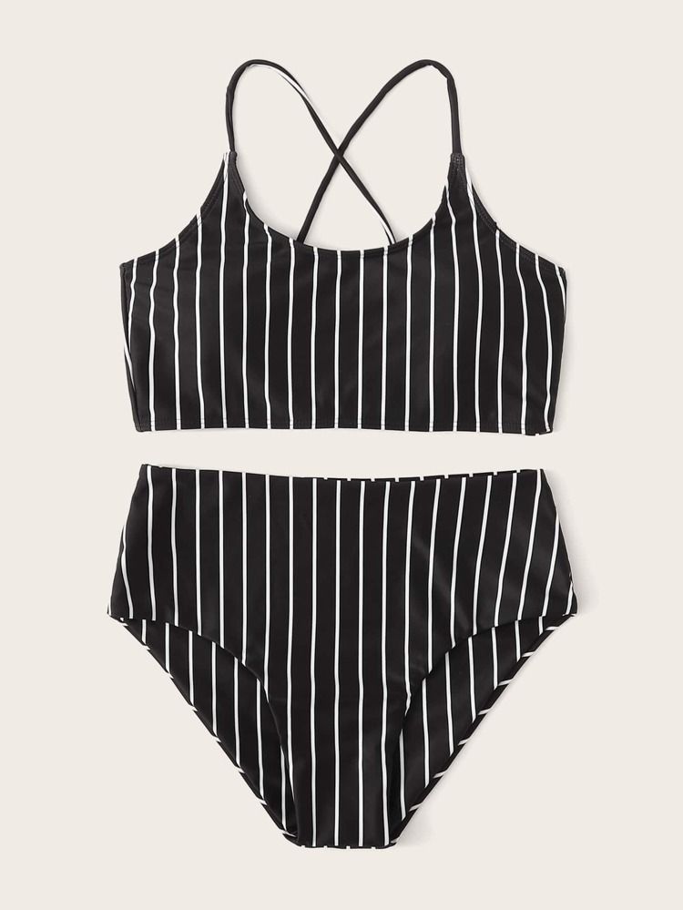 Striped Lace Up Back Bikini Set | ROMWE