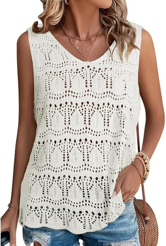 SHEWIN Womens Summer Tank Top for Women 2024 Trendy V Neck Crochet Sleeveless Shirts Sweater Vest | Amazon (US)