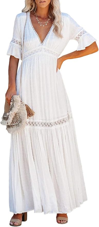 Bdcoco Women's V Neck Long Evening Dress Short Sleeve Lace Cocktail Party Maxi Dress | Amazon (US)