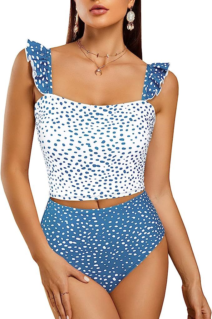 Foshow Womens Ruffle Print Bikini Set Polka Dot High Waisted Two Piece Swimsuits Tummy Control Fl... | Amazon (US)