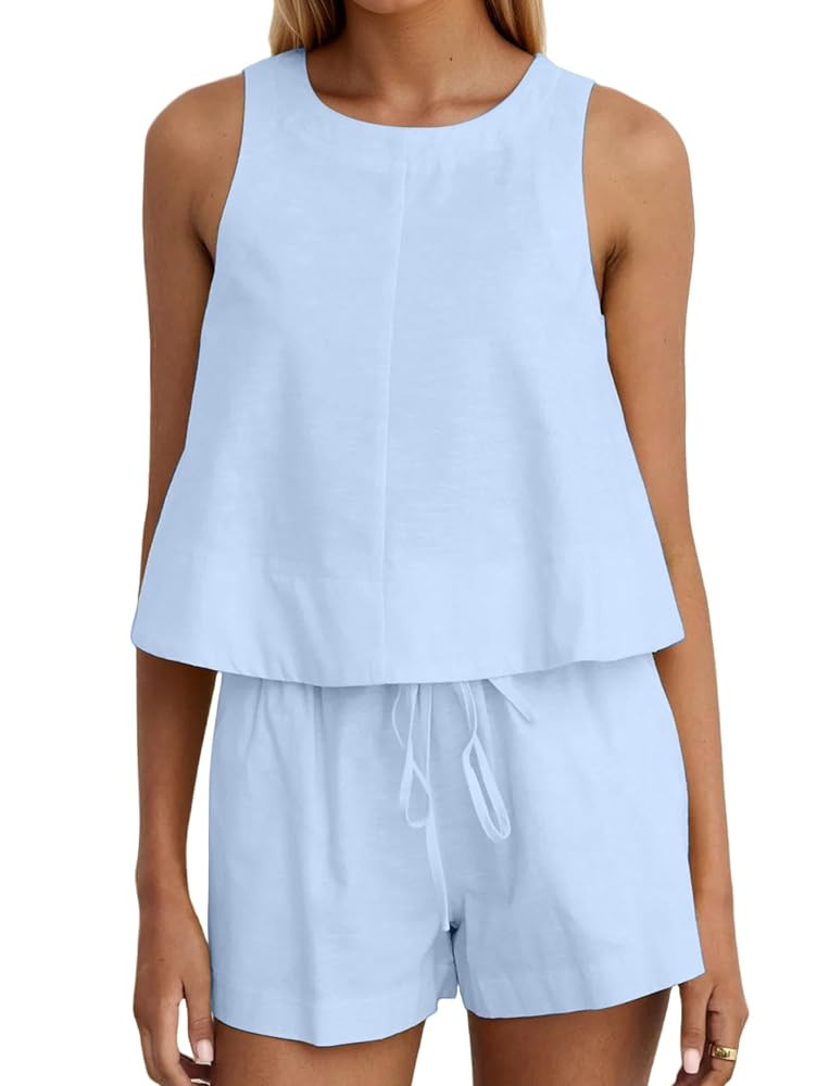 2 Piece Linen Short Sets Women Round Neck Sleeveless Loose Fit Tank Top High Elastic Waist Shorts... | Amazon (US)