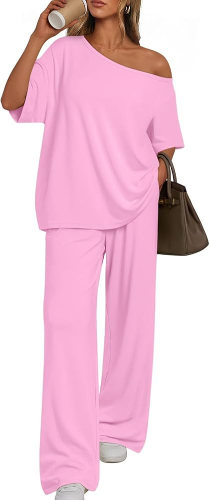 Trendy Queen Womens 2 Piece Lounge Sets Airport Travel Casual Outfits Off Shoulder Oversized Tshi... | Amazon (US)