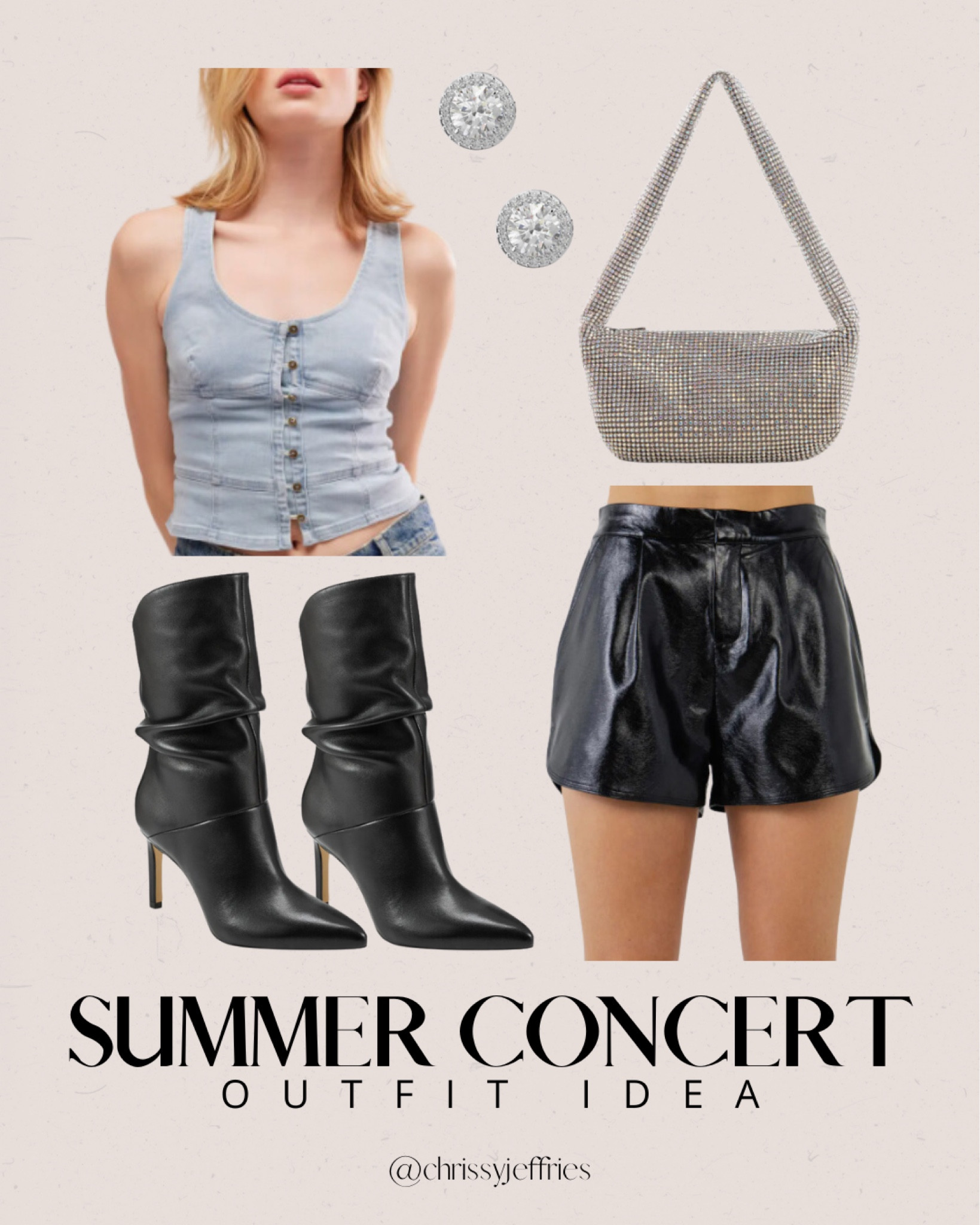 Embrace an edgy vibe for your next summer concert with this leather and denim outfit idea! Featuring a chic denim tank, sleek leather shorts, and statement black boots, this look combines comfort with style. Accessorize with sparkling earrings and a matching rhinestone bag to complete the ensemble. Perfect for making a bold statement at any concert! 

#SummerConcertOutfit #LeatherAndDenim #ConcertFashion #EdgyStyle #FashionInspo

#LTKtravel #LTKsummer #LTKpartywear