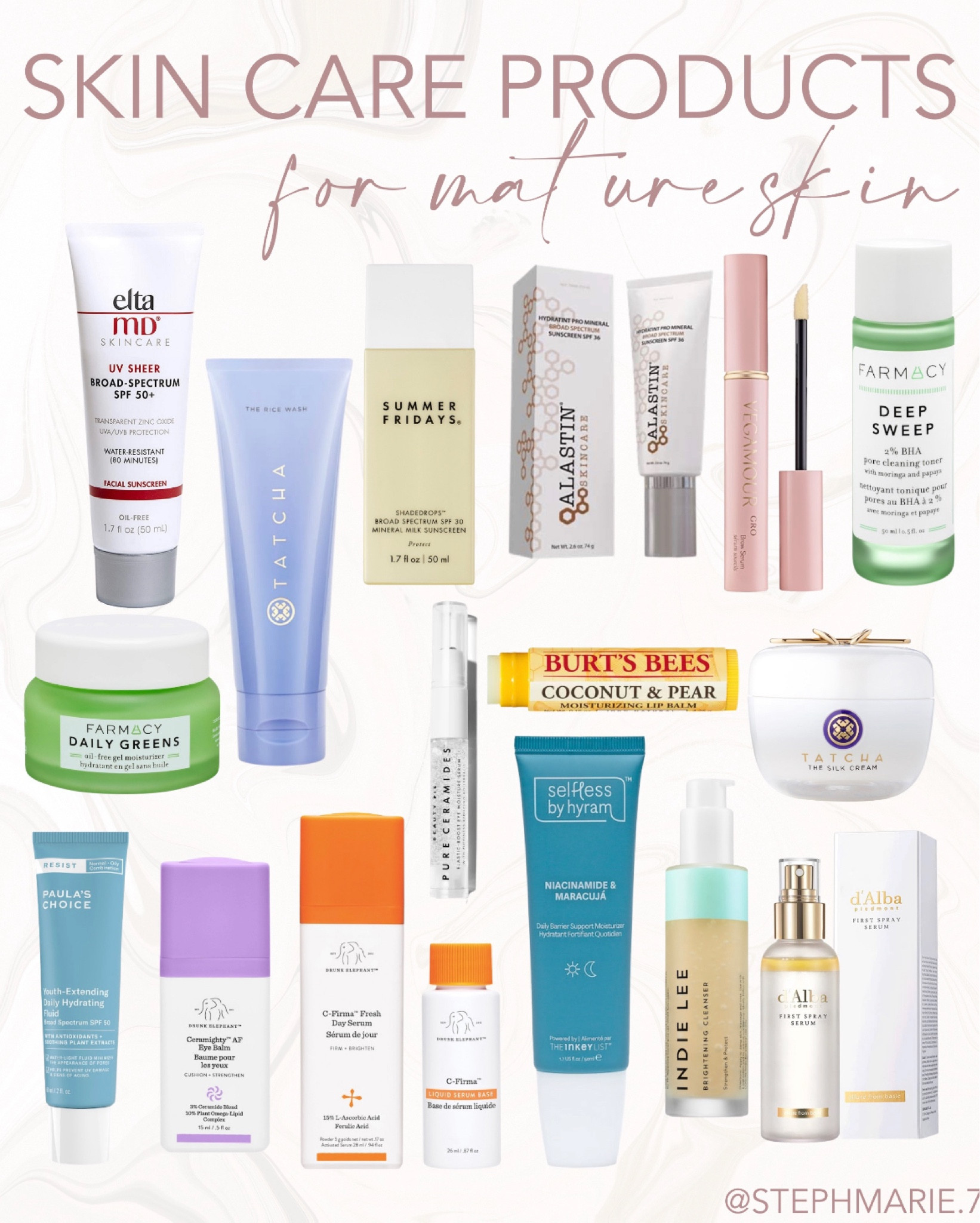favorite skin care products for mature skin / over 40 skin care routine / sun screen / moisturizer / lip balm / vitamin c serum / under eye cream / brow growth / tatcha / farmacy/ drunk elephant / elta md / beauty pie / hyram / d’alba 

#LTKitbag #LTKSeasonal #LTKbeauty