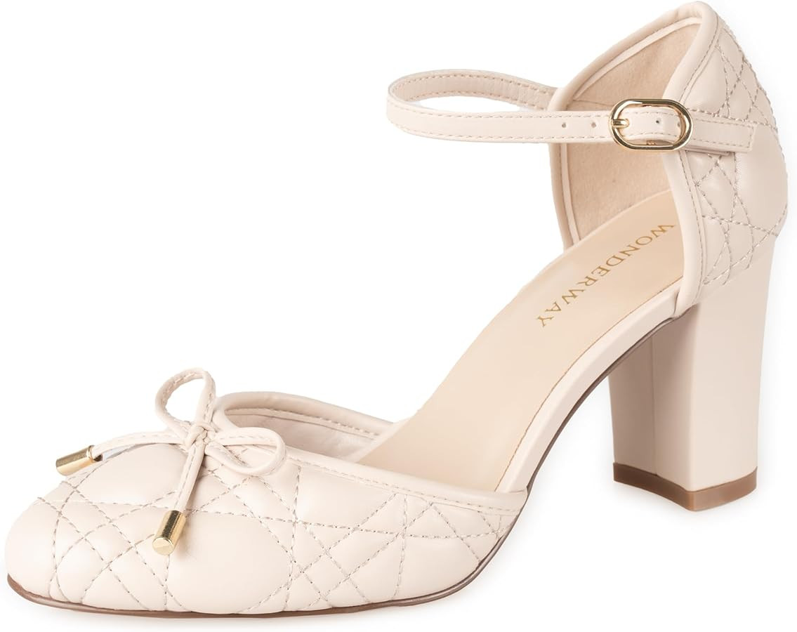 Women's Chunky Block Heel Pumps, Bow Ankle Strap Closed Toe High Heels, Round Toe Dressy Casual S... | Amazon (US)