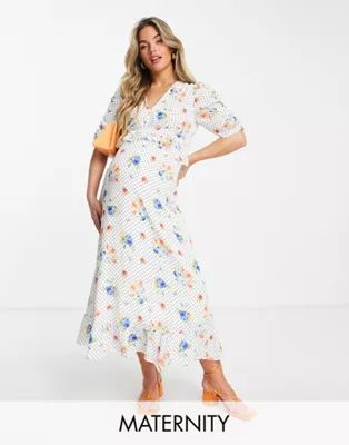 Twisted Wunder Maternity puff sleeve midi dress in spot floral | ASOS (Global)