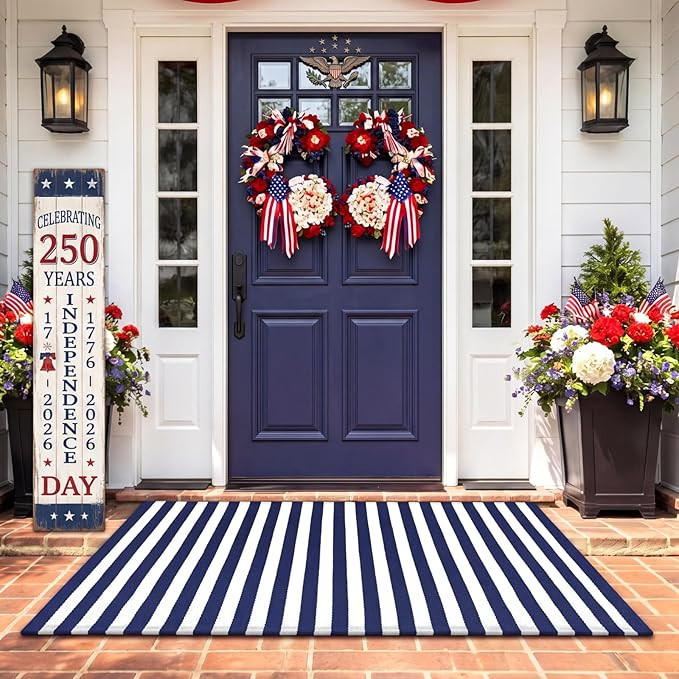 Moucuny Memorial Day Striped Outdoor Rug 28'' x 43'' Patriotic Rug 250 Anniversary Front Porch Do... | Amazon (US)