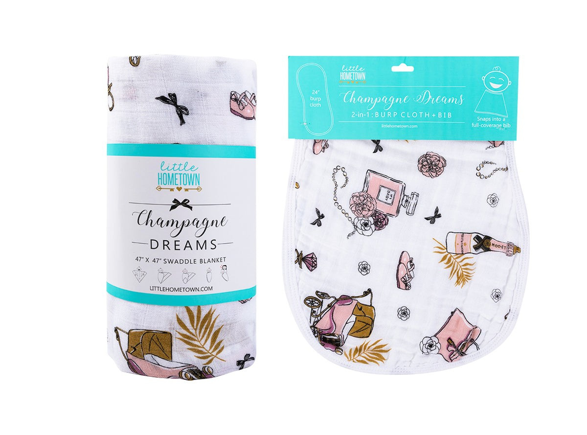 Gift Set: Champagne Dreams Baby Muslin Swaddle Blanket and Burp Cloth/Bib Combo | Little Hometown