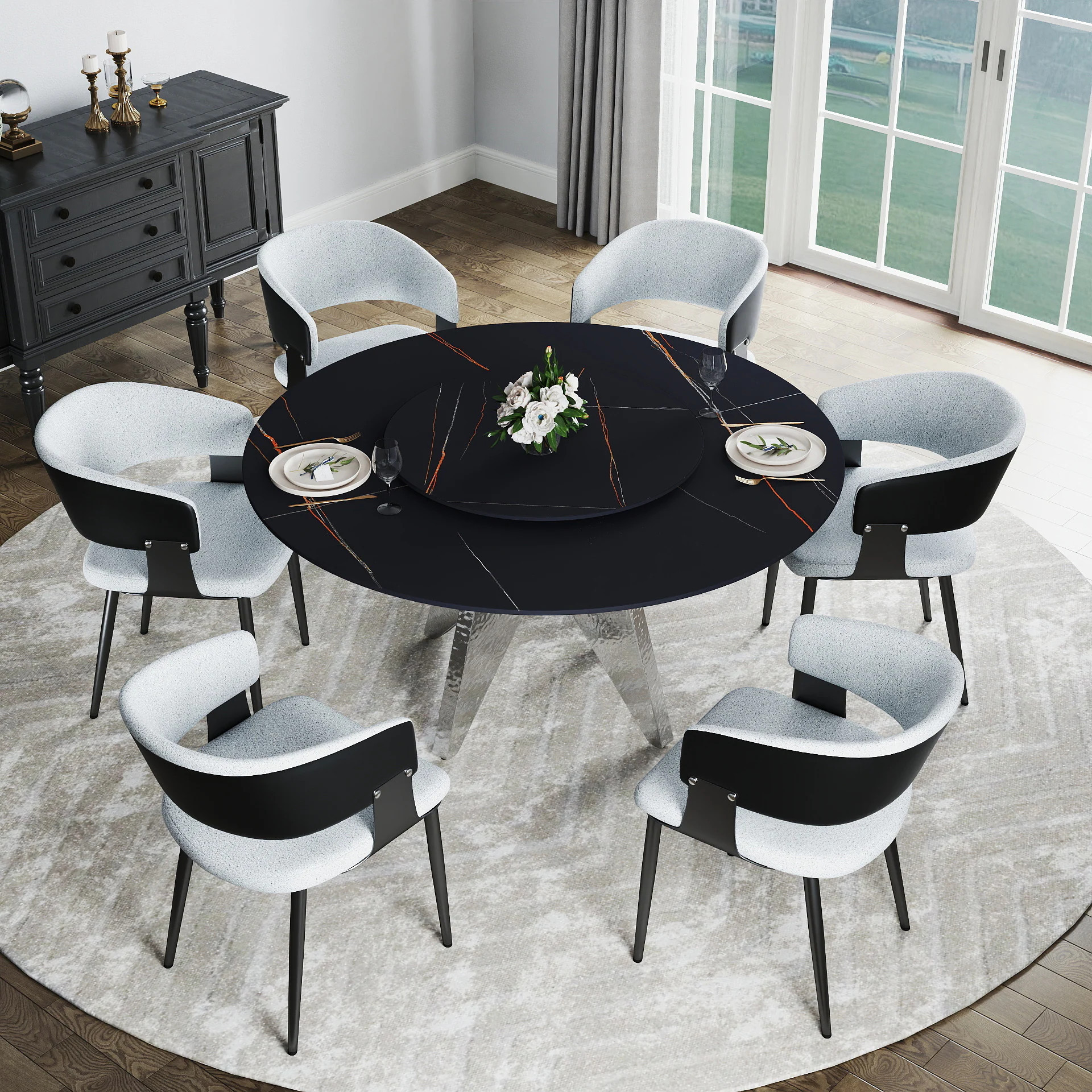 BuotiqHom 59 in. Black + Lazy Susan Round Contemporary/Modern Ceramic Dining Table, with Primed Finish and Steel 59-in L x 29.5-in H Rubber | Lowe's