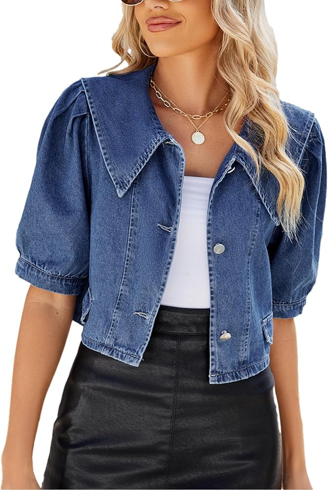 Women's Cute Puff Short Sleeve Denim Crop Top Slim Cropped Jean Jacket | Amazon (US)