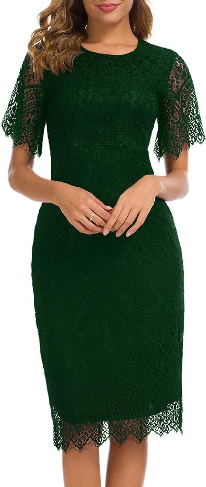 MSLG Women's Elegant Floral Lace Round Neck Short Sleeves Cocktail Party Bodycon Knee Length Dres... | Amazon (US)