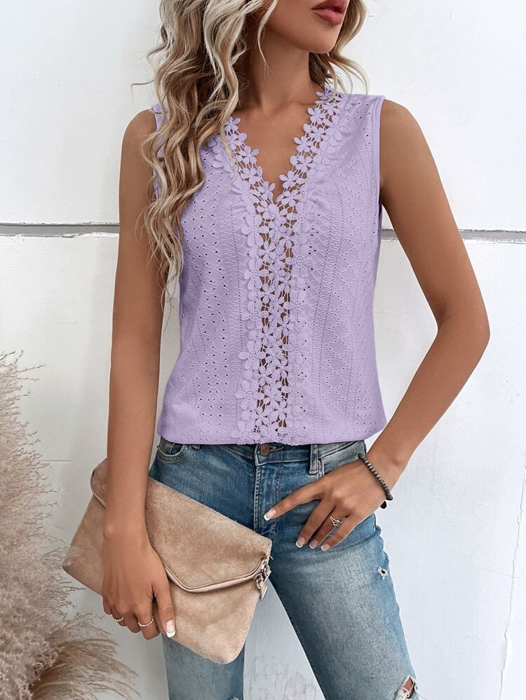 Swiss Dot Guipure Lace Panel Tank Top | SHEIN