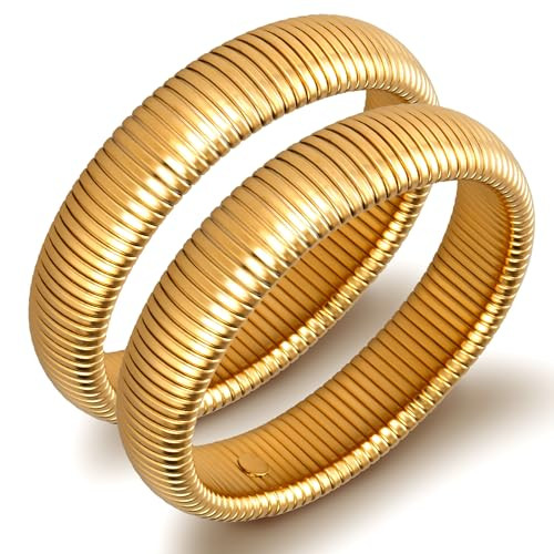 Gold Bangle Bracelets for Women Chunky Stretch Bracelet Set Stackable Bangles 14K Gold Plated Sta... | Amazon (US)